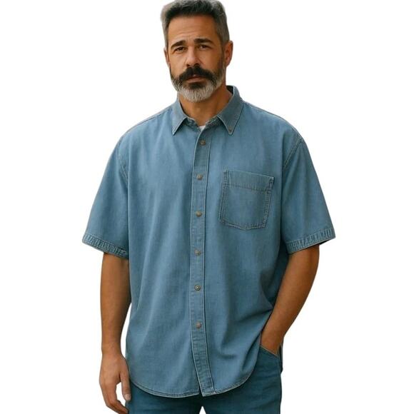 VTG LL Bean Work Shirt Mens Size 3XLT XXXL-Tall Blue Chambray Denim Short Sleeve - Picture 1 of 16